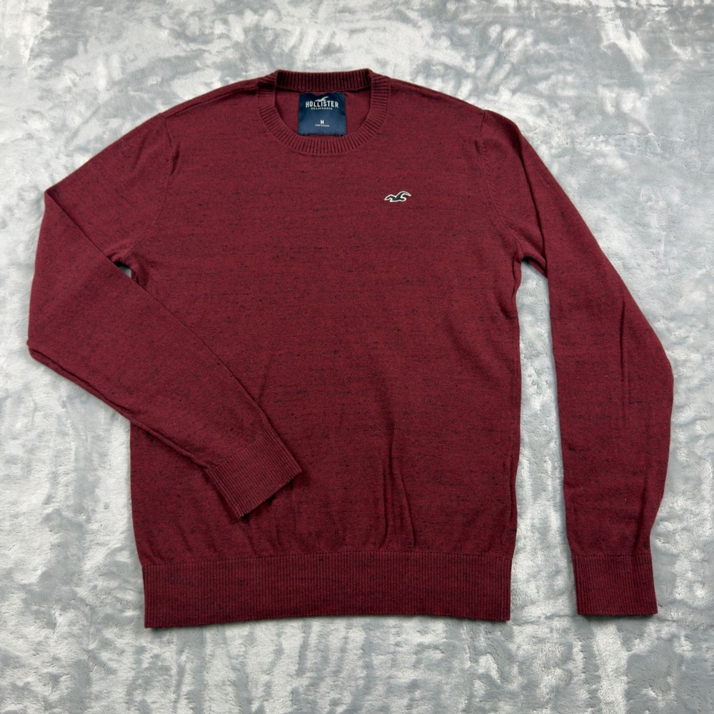 Hollister Mens Crew Neck Sweater Medium Burgundy Marl Knit Long Sleeve Pullover